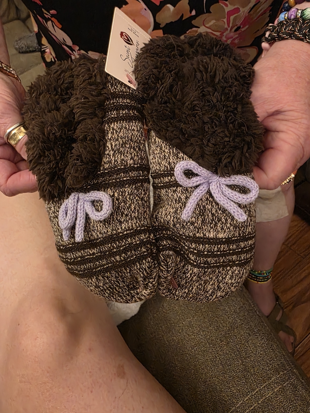Cozy Knit Slipper Socks with Sherpa Cuff and Lavender Bow